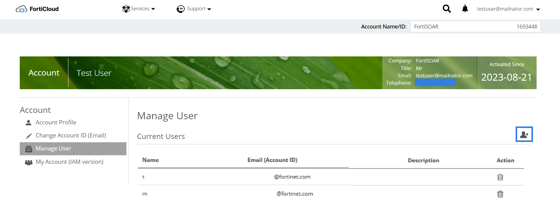 FortiCare - New User icon to add a new user