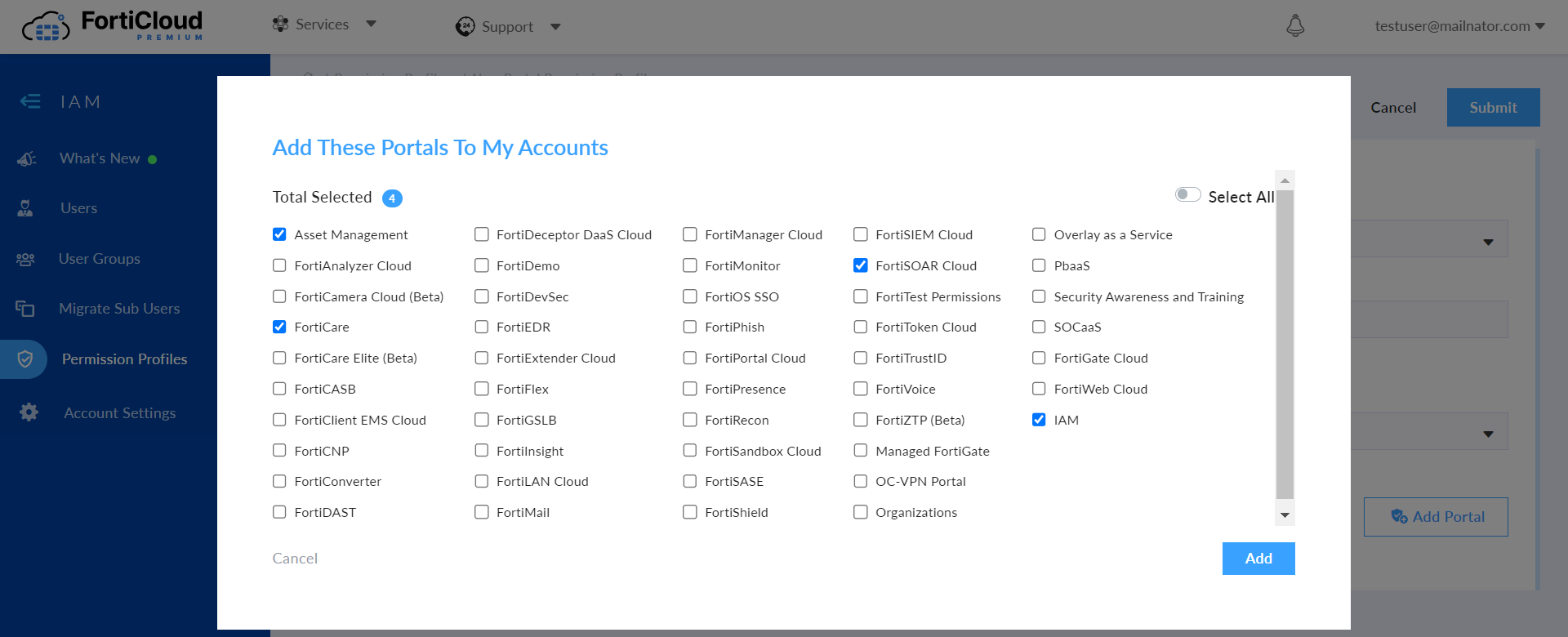 Add Portal Permissions pop-up