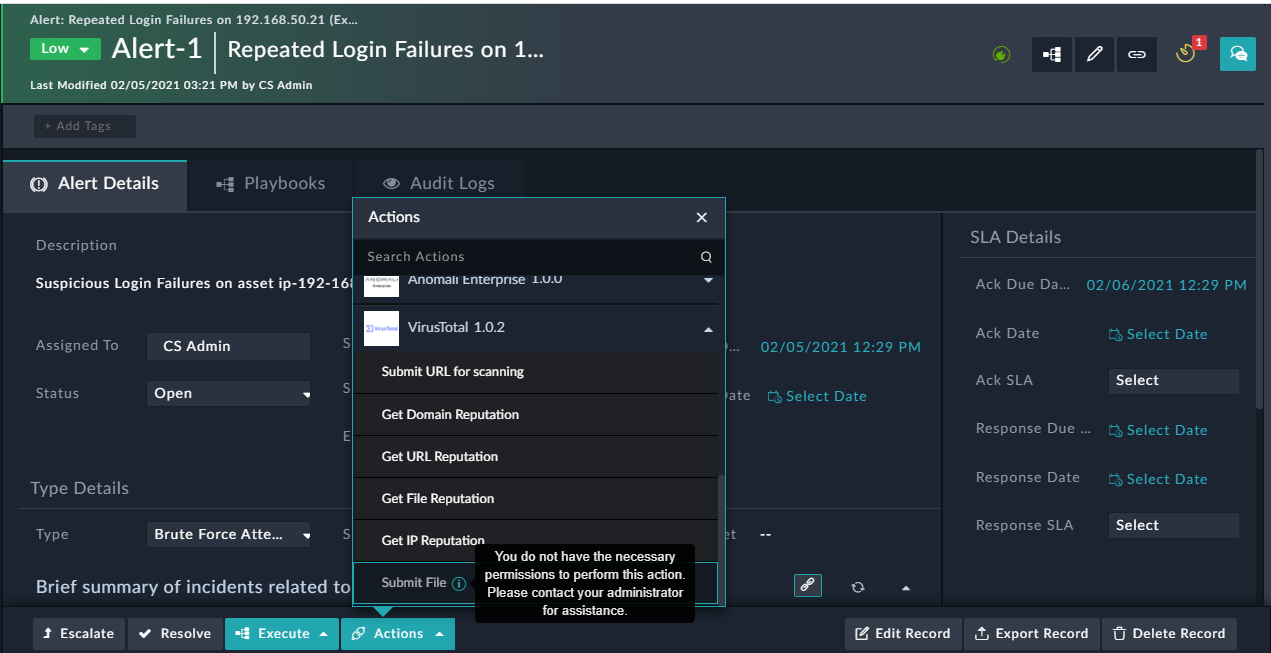 Connector action disabled for users not having appropriate permissions