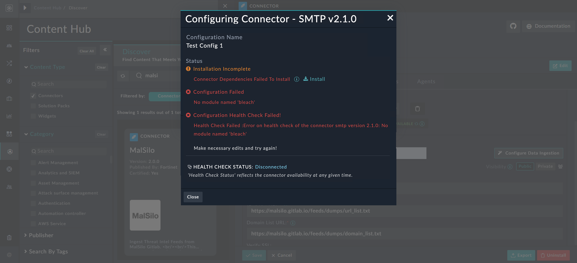 Connector Configuration Modal Window - Failed Health Check