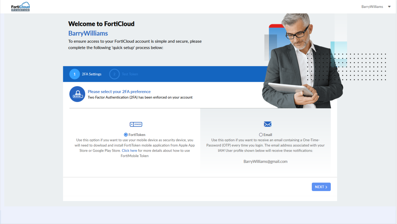 Logging in with 2FA for the first time | FortiCloud Account Services 23.2.0