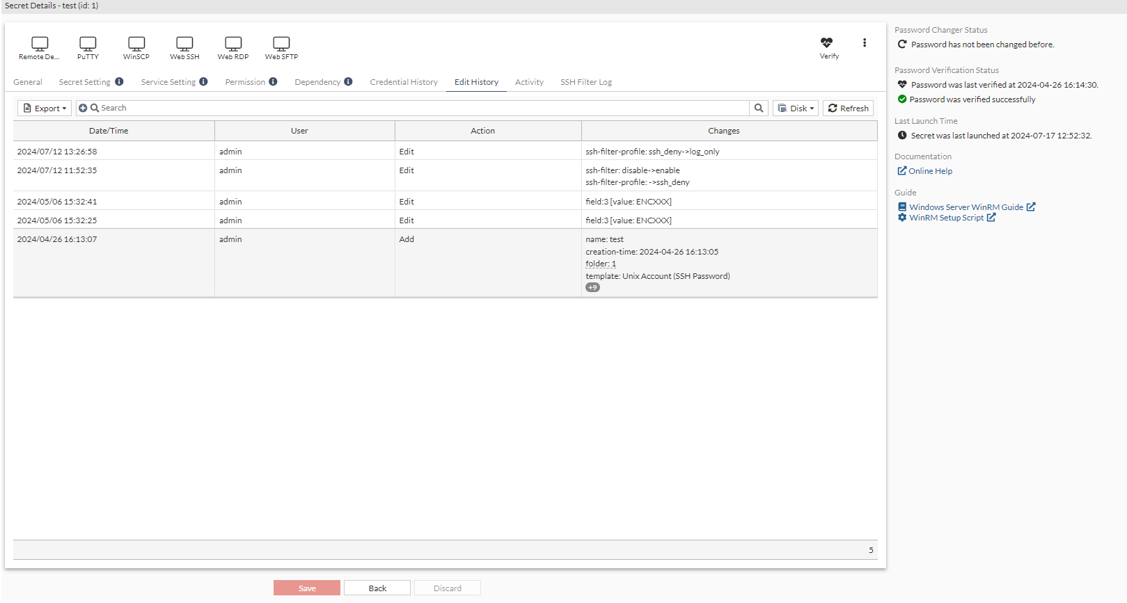 Viewing secret edit history | FortiPAM 1.5.0 | Fortinet Document Library