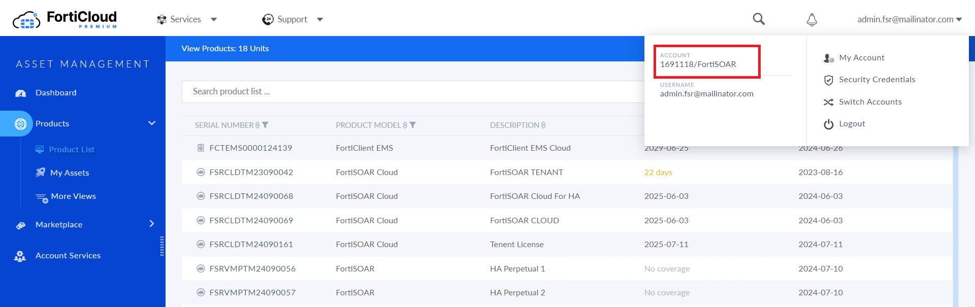 FortiSOAR Cloud Entitlement in FortiCLoud Portal