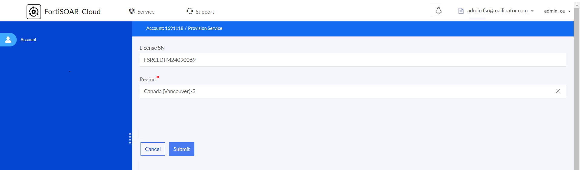 FortiSOAR Cloud Portal - Provision Service