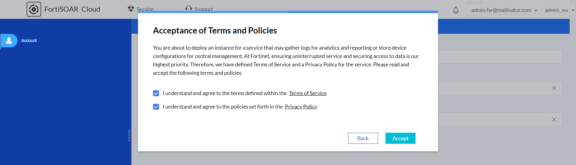 FSR Cloud Provisioning - Terms and Policies dialog
