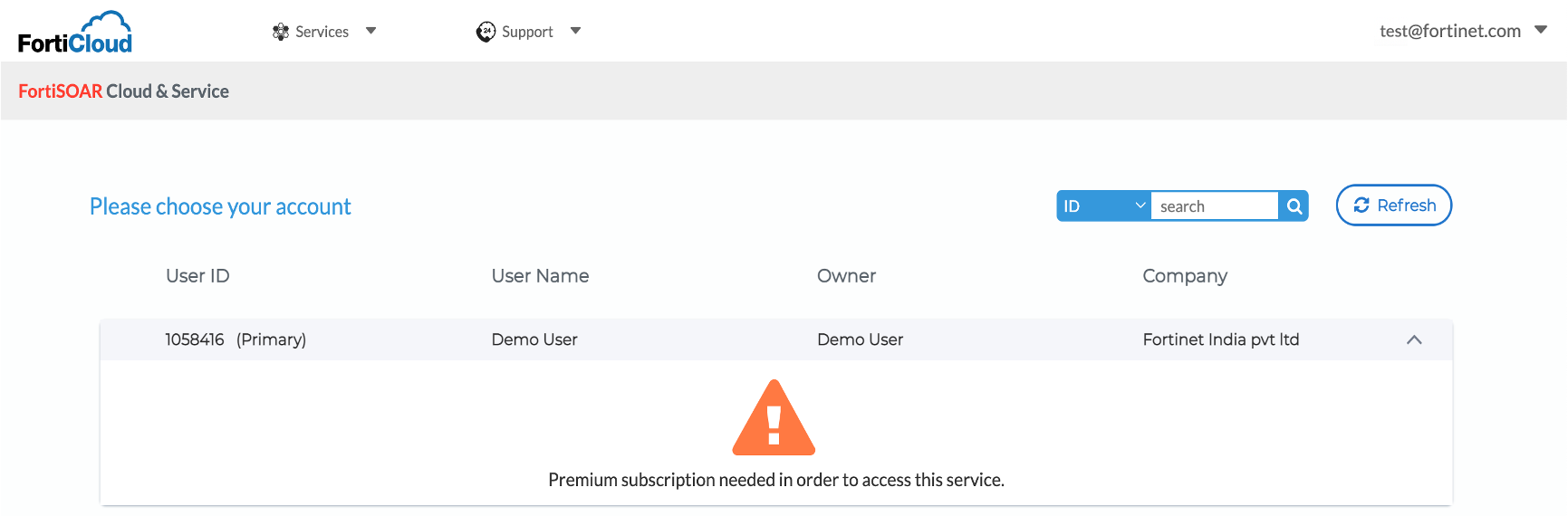 Warning displayed when the FortiCloud Premium license is expired 