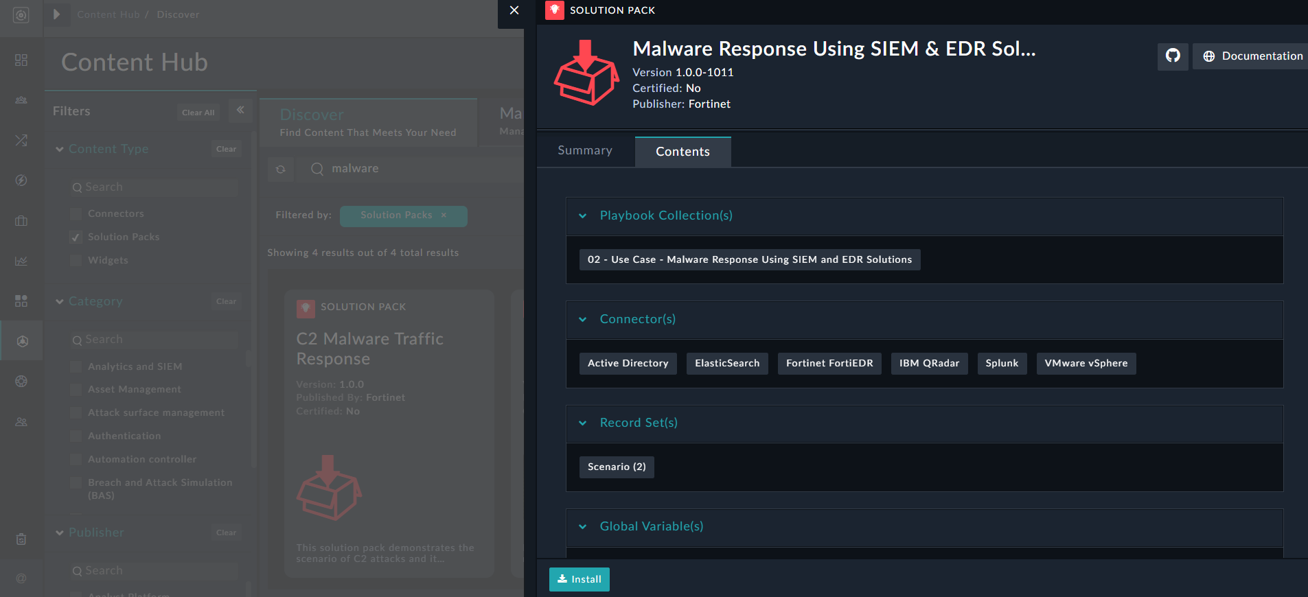 Installed Solution Packs - Content tab