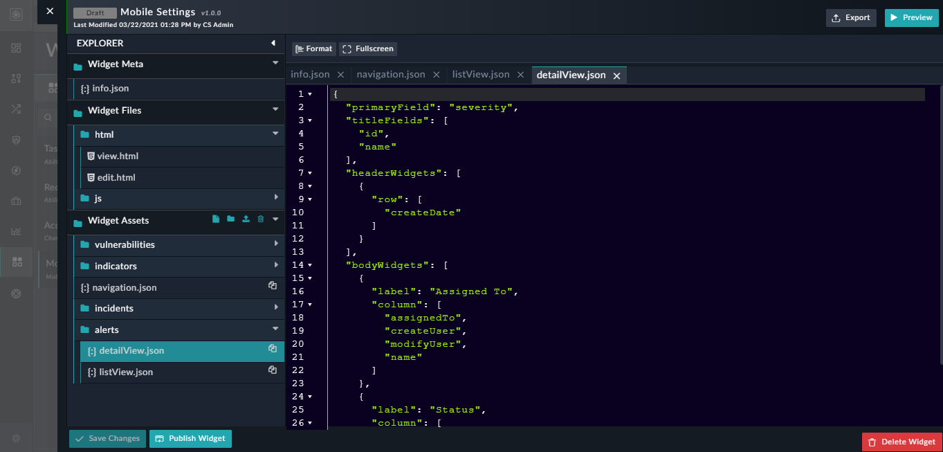 Editing the Mobile Settings Widget