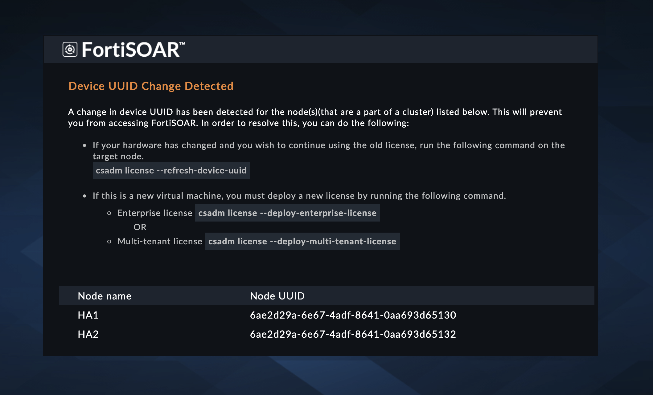 Upload FortiSOAR license Screen in case of device UUID change detection for HA systems