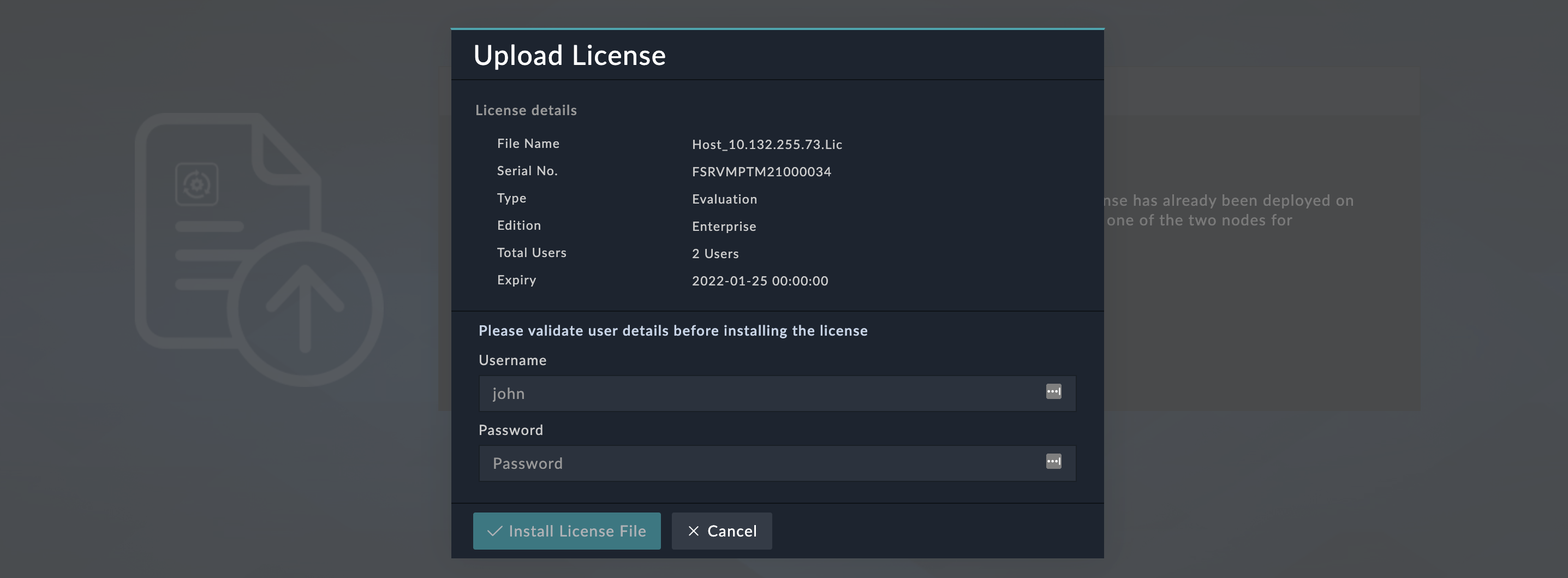 Upload license dialog requiring admin credentials