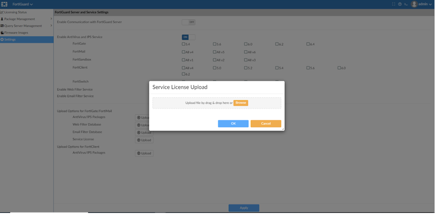 FortiGuard Settings - Uploading service license