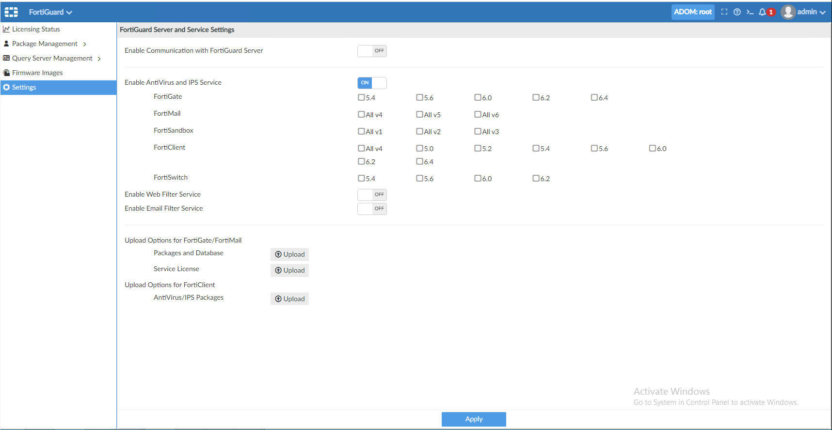 FortiGuard Server and Sevice Settings Page