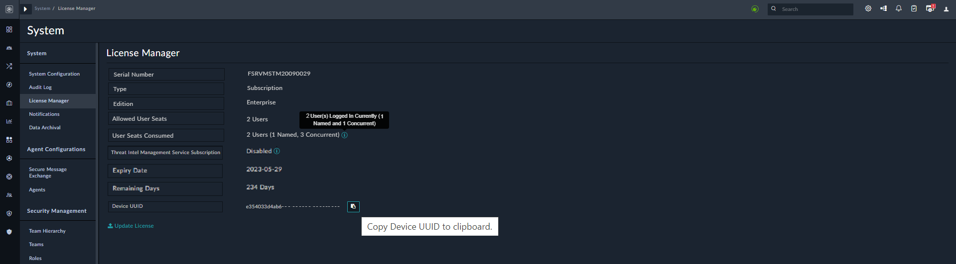 License Manager Page