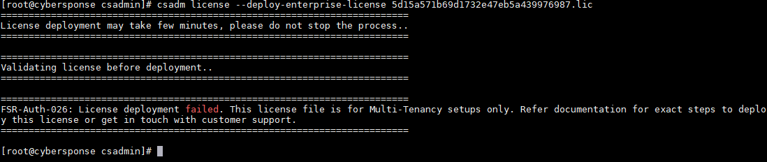 Errors displayed while deploying your FortiSOAR license