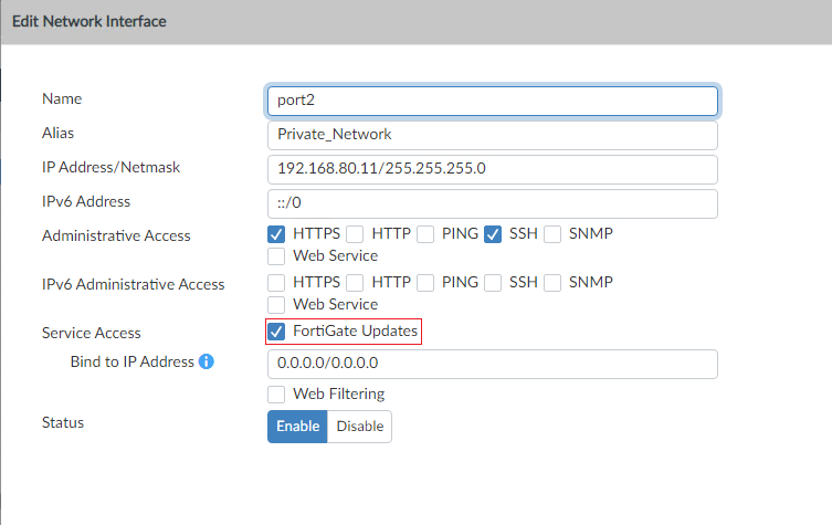 Edit Network Interface screen - Fortigate updates checkbox on FMG