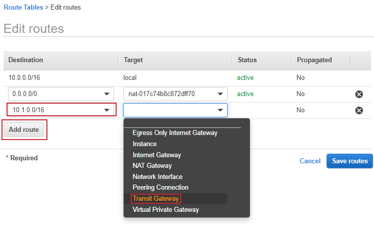Add Destination, Target Transit Gateway