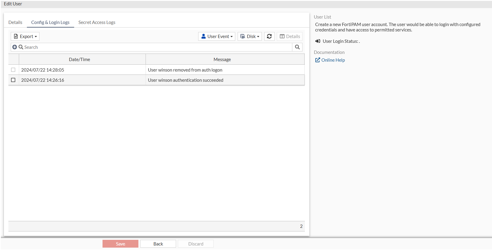 User list | FortiSRA 1.6.0 | Fortinet Document Library
