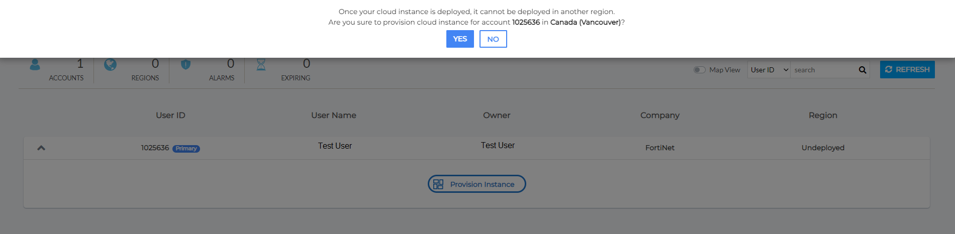 Confirmation Dialog for provisioning FSR Cloud