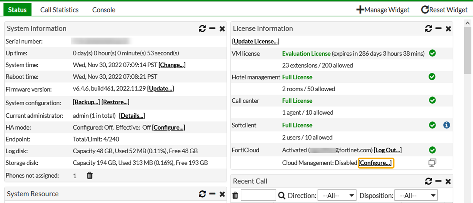 Viewing the dashboard | FortiVoice 7.0.0 | Fortinet Document Library