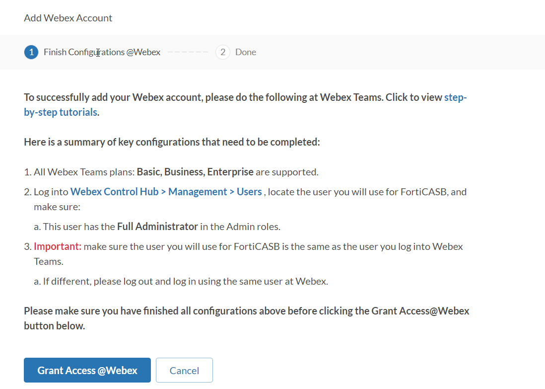 Add Webex Teams account | FortiCASB 24.4.b | Fortinet Document Library