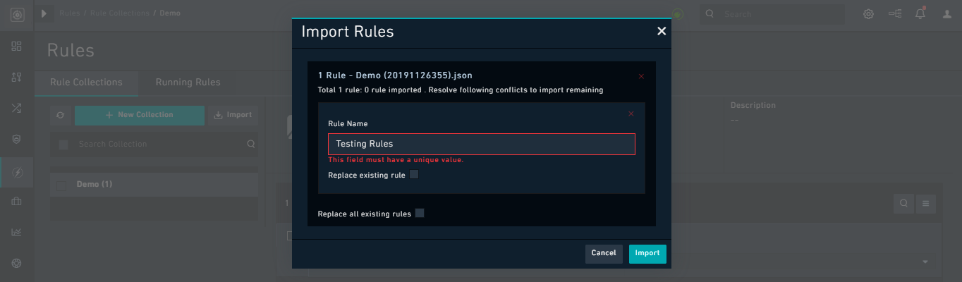 Rule Engine - Conflict while importing a Rule Collection