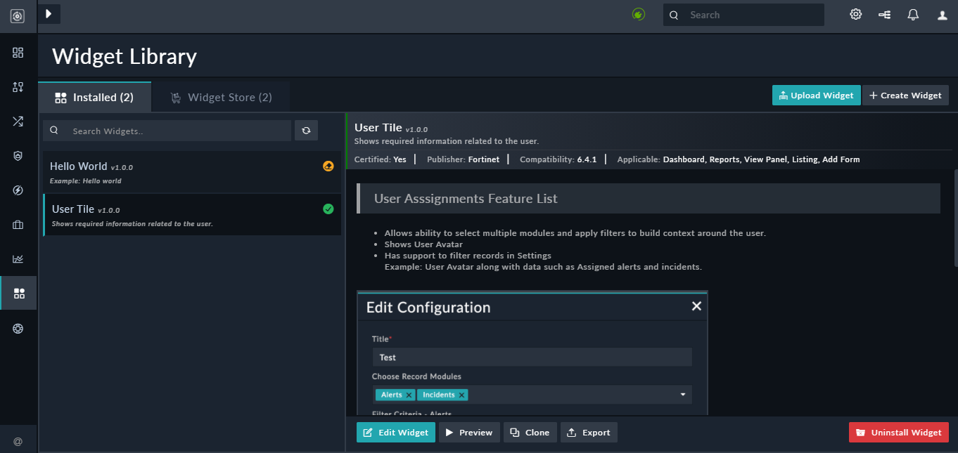 Widget Library - Installed tab