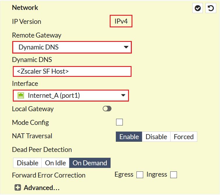 VPN tunnel network settings