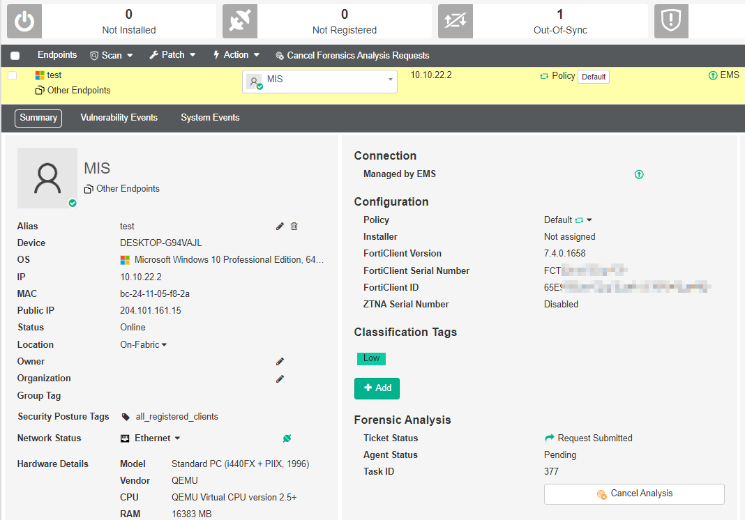 Requesting forensic analysis on an endpoint | FortiClient 7.4.0 ...
