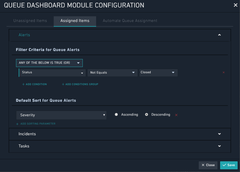 Queue Items Configurations tab
