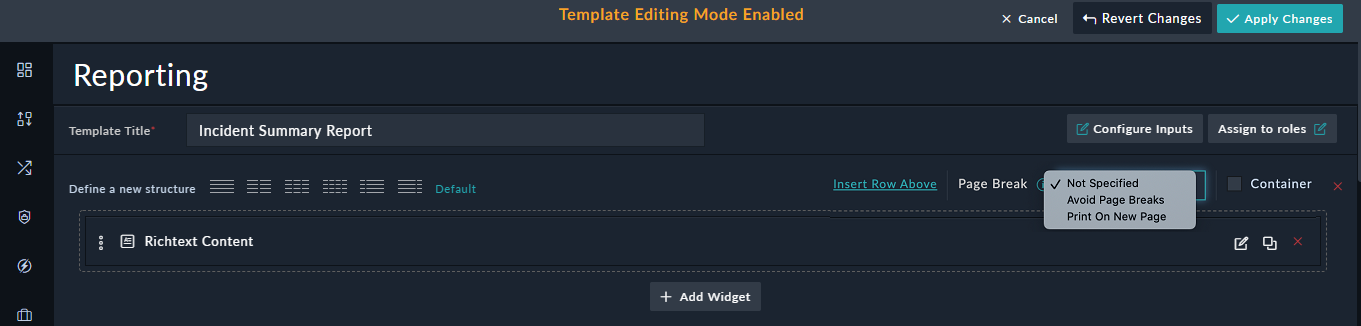 Editing the Report Template - Page Break option