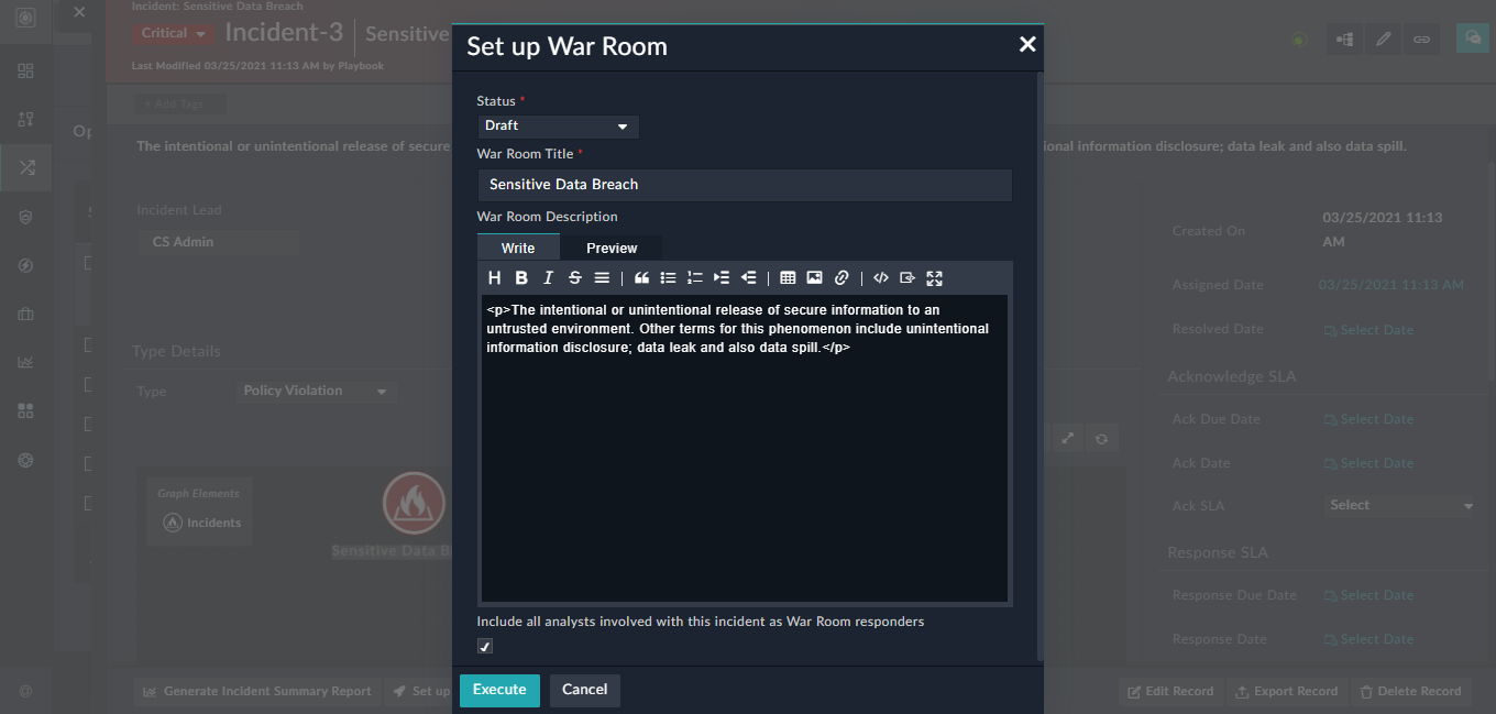 Dialog to Lauch a War Room