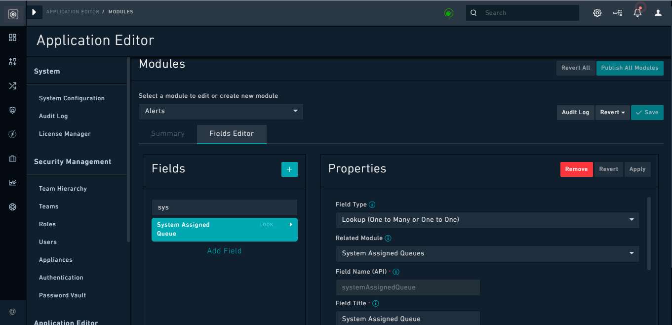 Properties for the System Assigned Queue field