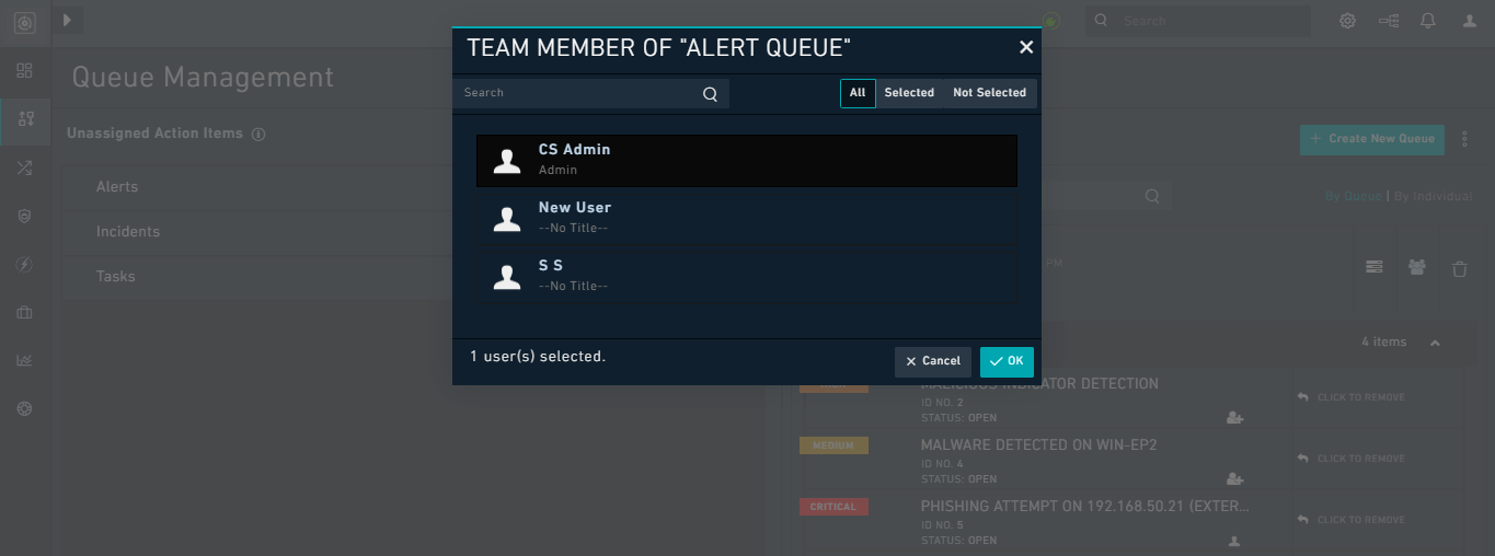 Team Member of "Queue Name" dialog