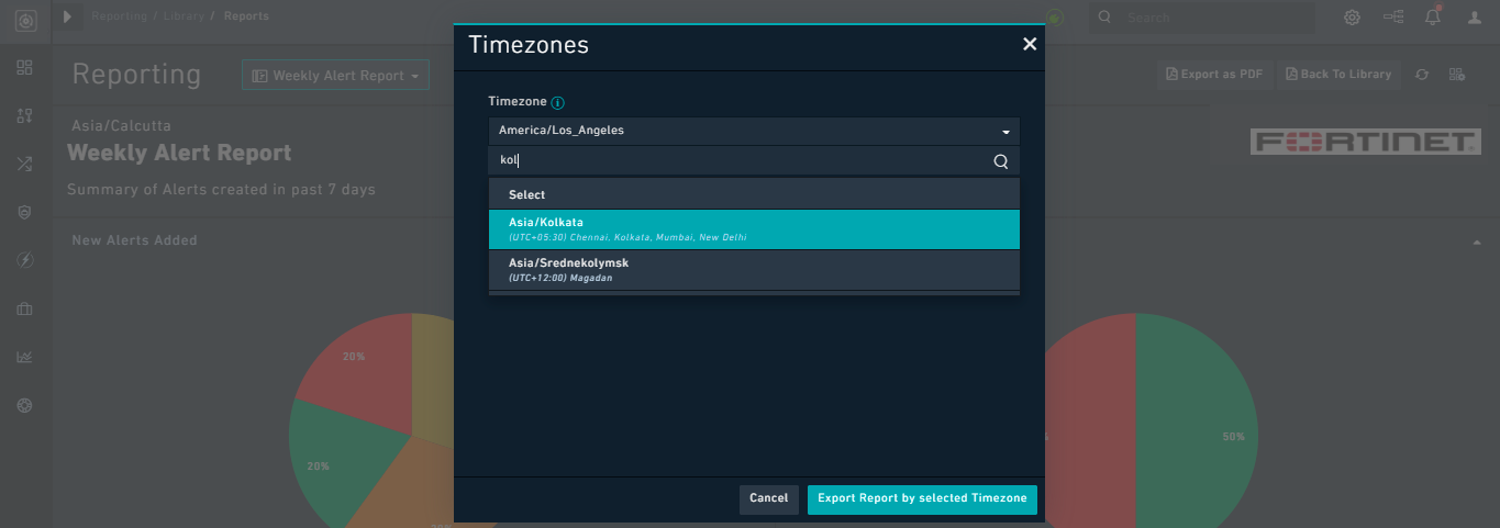 Timezones dialog for exporting reports