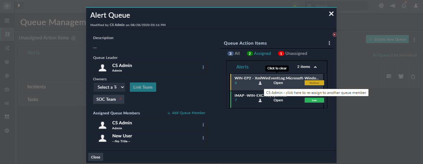 Queue Detail dialog - Assigned Items: Reassign