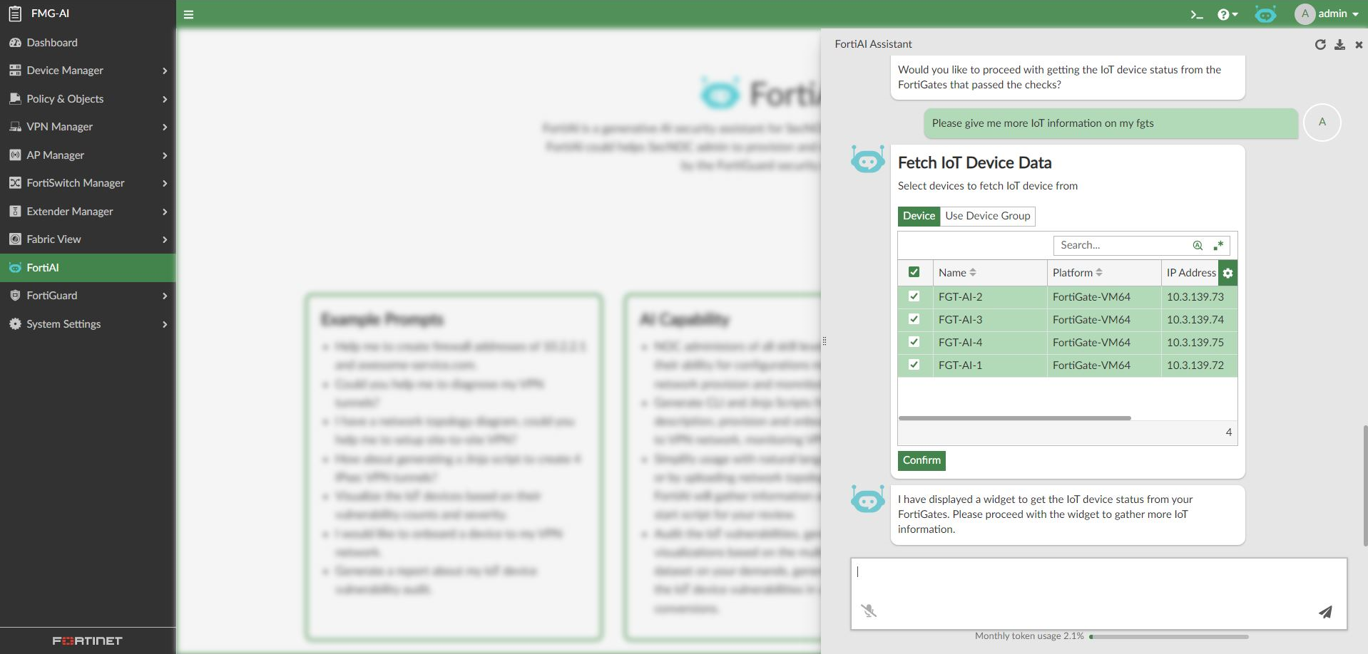 FortiAI example tasks | FortiManager 7.6.0 | Fortinet Document Library