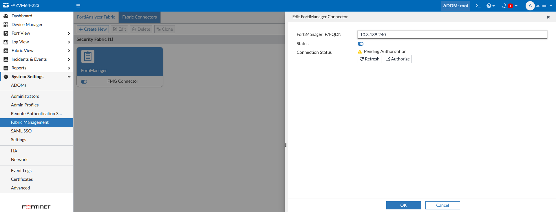 Adding FortiAnalyzer devices using a fabric connection | FortiManager 7 ...