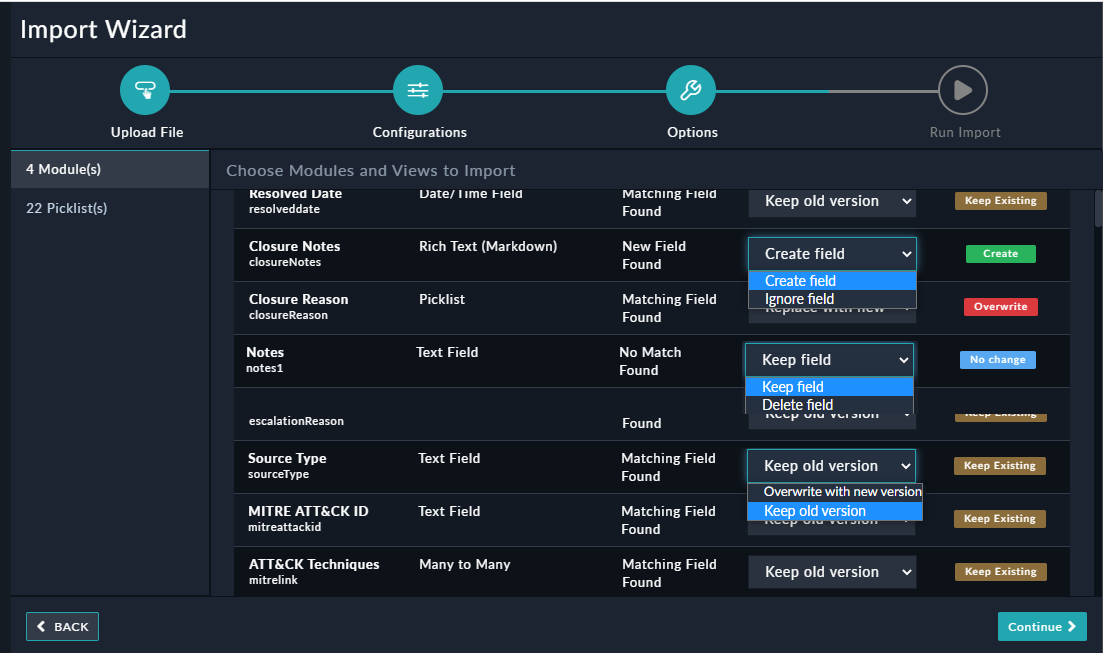 Import Configurations - Detailed schema of existing modules