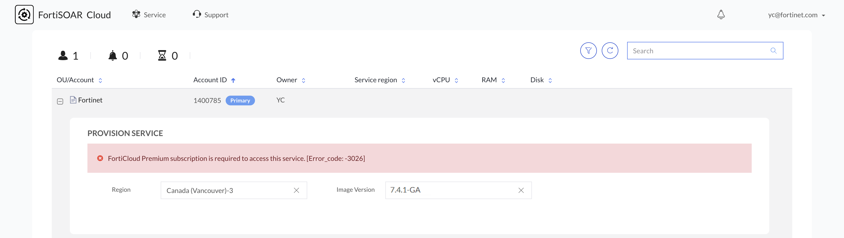 Warning displayed when the FortiCloud Premium license is expired 