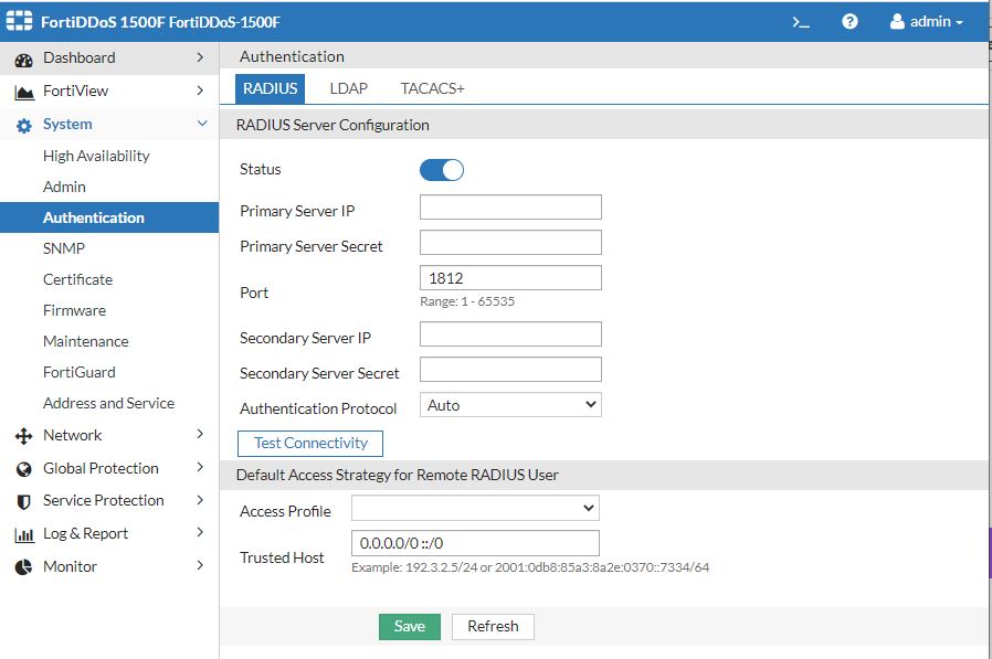 Configuring RADIUS authentication | FortiDDoS-F 6.2.1