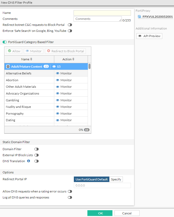 Create or edit a DNS filter profile | FortiProxy 7.2.12 | Fortinet ...