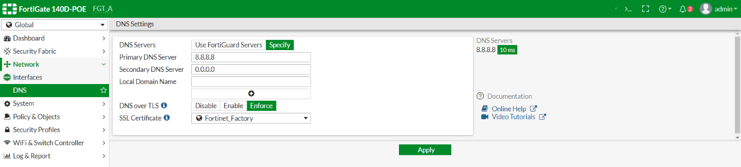 DNS over TLS | FortiGate / FortiOS 6.4.3 | Fortinet Document Library