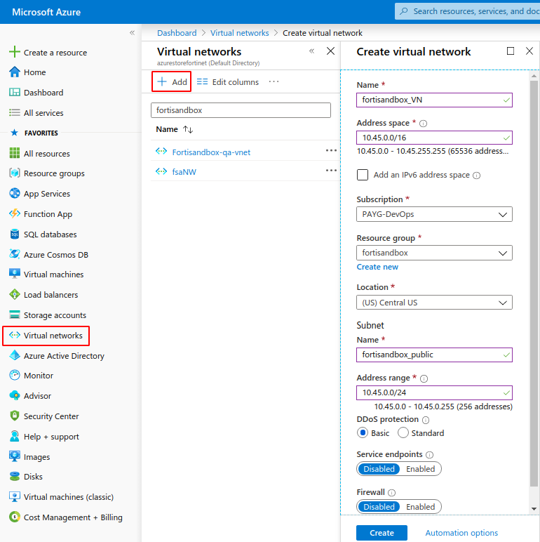 Creating virtual networks | FortiSandbox Public Cloud 4.4.0 | Fortinet ...