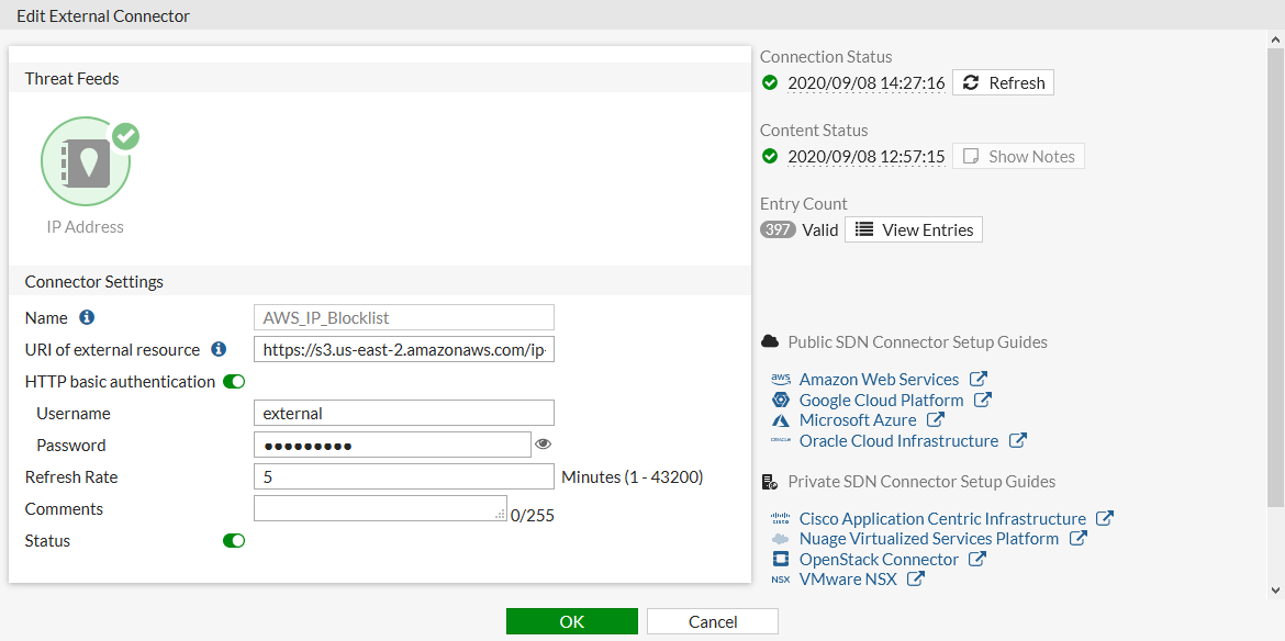 Username and password authentication is enabled through connector settings.
