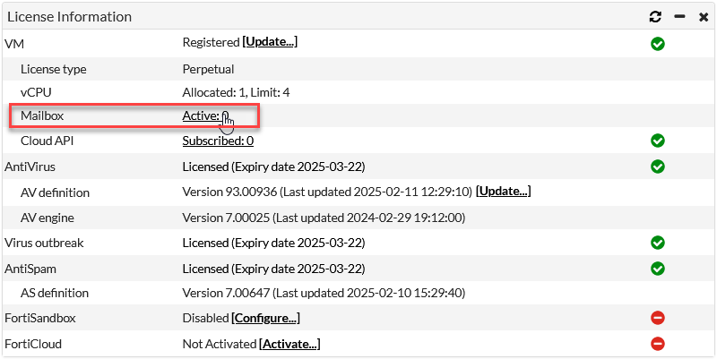 License Information on the dashboard in FortiMail