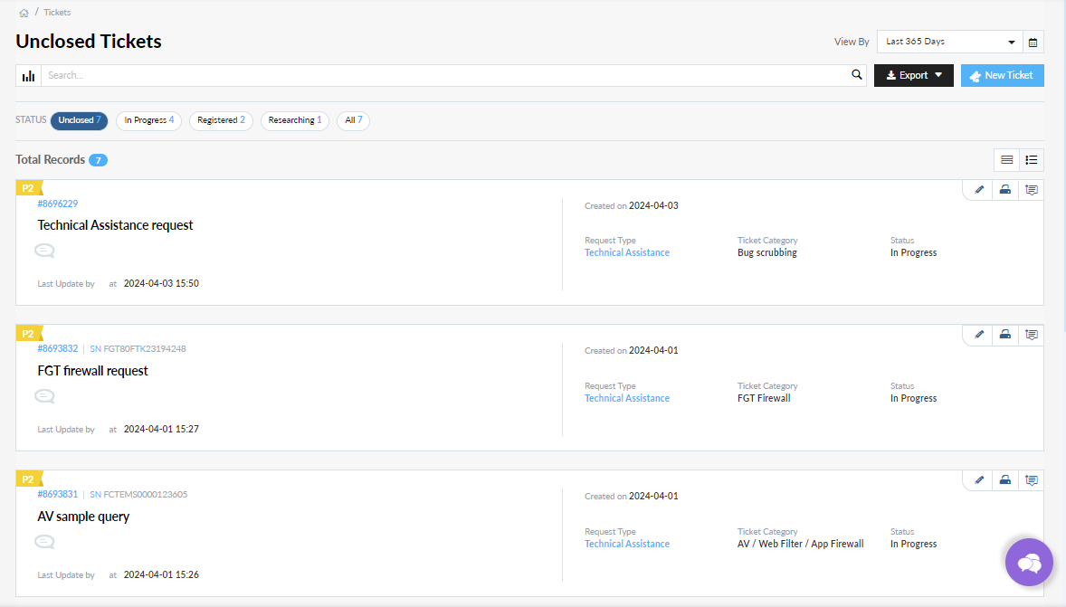 Ticket list | FortiCloud Services 24.2.0 | Fortinet Document Library