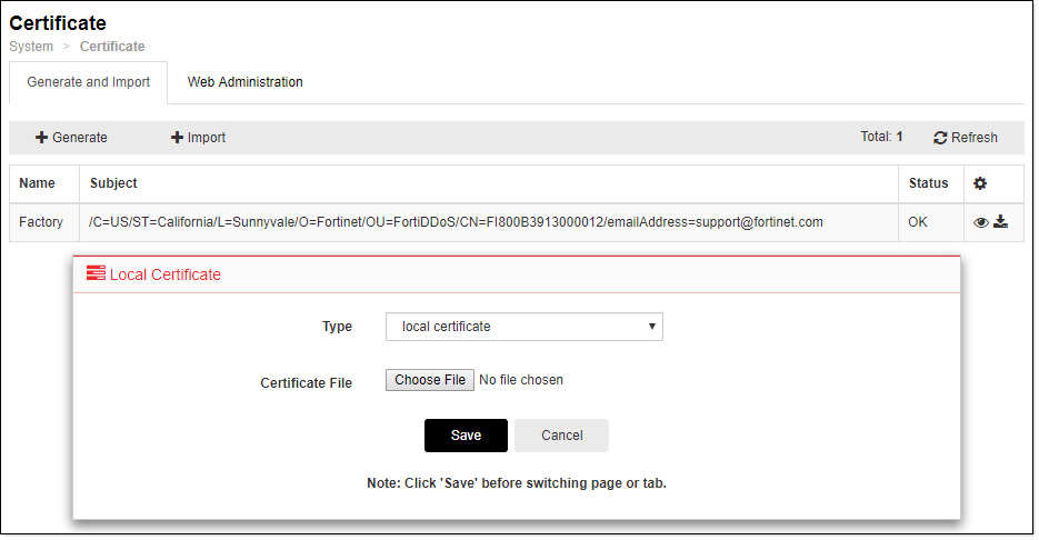 Managing local certificate | FortiDDoS 5.7.1 | Fortinet Document Library