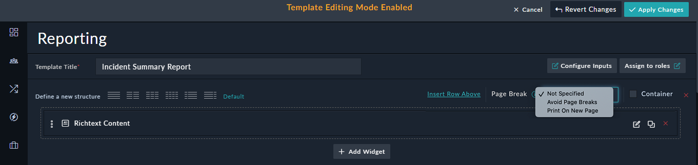 Editing the Report Template - Page Break option