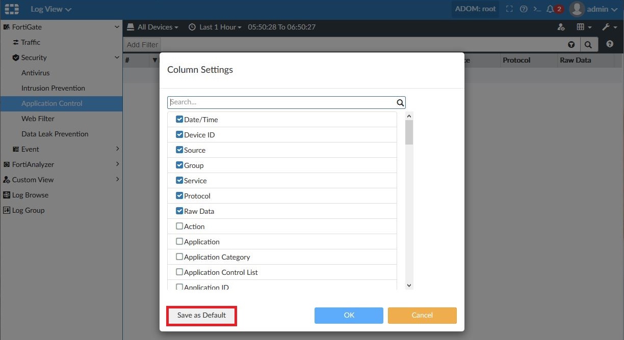 Column settings menu with Save as Default highlighted