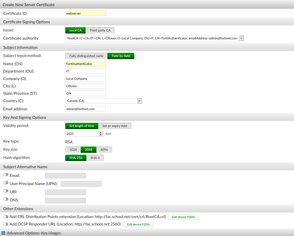 Creating a local service certificate on FortiAuthenticator ...